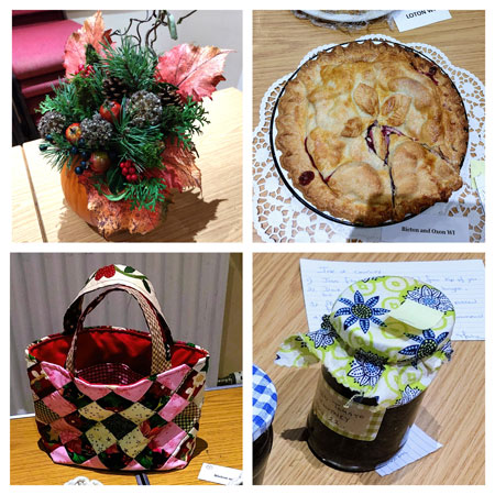 Images of a floral arrangement, a pie, a handmade bag and a jar of chutney